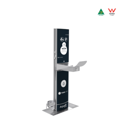 The Aquafil FlexiFountain 1500BF drinking fountain and bottle refill station features multiple water access points for outdoor community spaces with high usage.