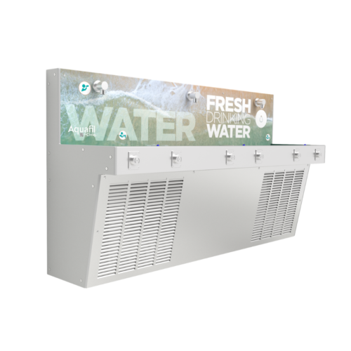 Aquafil Hydrobank School Drinking Trough with Drinking Fountains and Three Bottle Refills in Surf artwork
