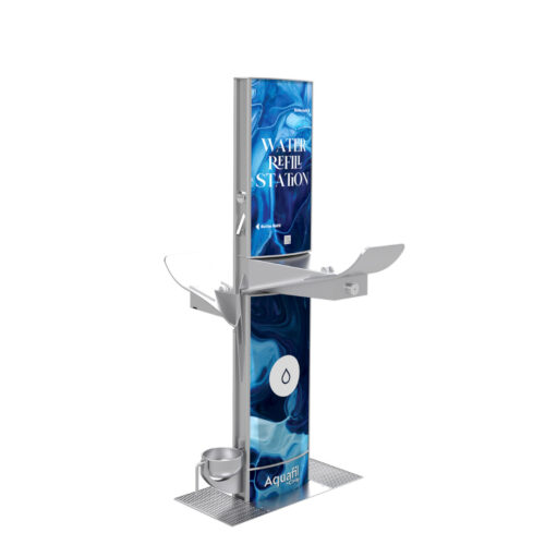 Aquafil FlexiFountain 1500BFF Dual-height drinking fountain and bottle refill station with Swinging Dog Bowl in Waves Artwork Template