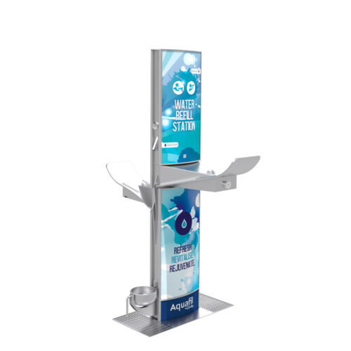 Aquafil FlexiFountain 1500BFF Dual-height drinking fountain and bottle refill station with Swinging Dog Bowl in Splash Artwork Template