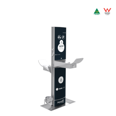 The Aquafil FlexiFountain 1500BFF dual-height drinking fountain and bottle refill station features multiple water access points for outdoor community spaces with high usage.