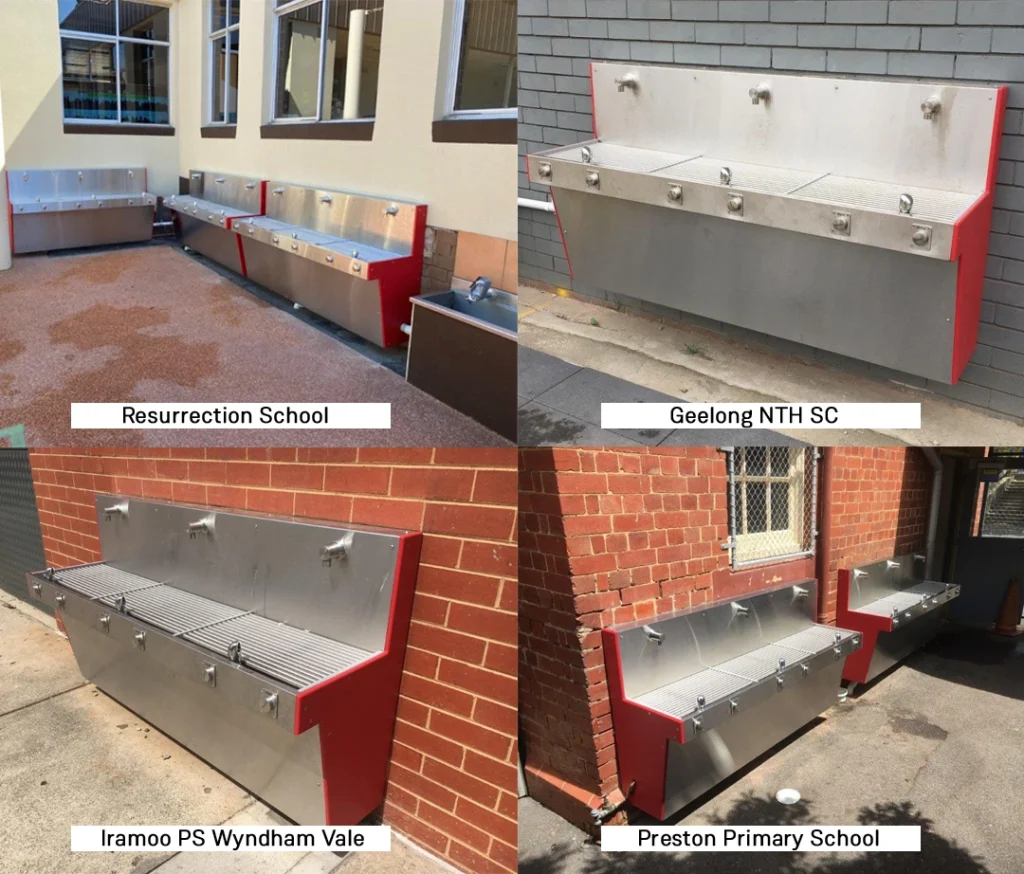 New installed Aquafil Hydrobank from Resurrection School, Geelong NTH SC, Iramoo PS Wyndham Vale and Preston Primary School replacing old drinking troughs.
