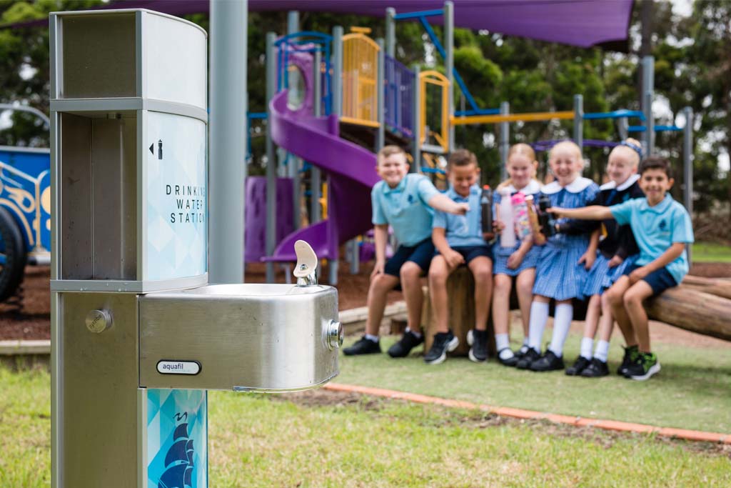 Aquafil Pulse 1200BF Drinking Water fountain placed near the school playground