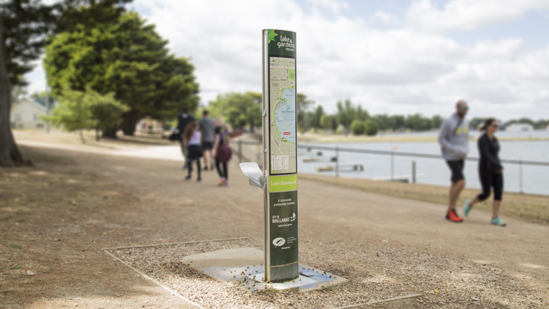 a drinking water stations with wayfinding signage installed in a park as Civiq and Choose Tap work together to eliminate plastic waste