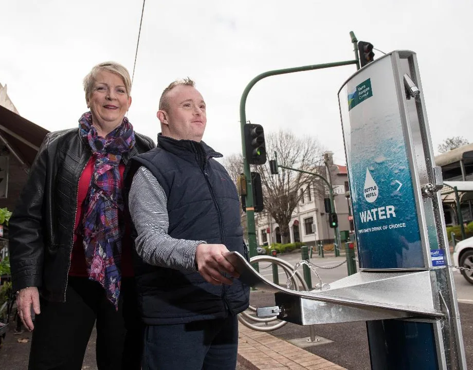 Anthea Forbes and his son Adams, using the new Aquafil Drinking Fountain installed at Yarra Ranges.
