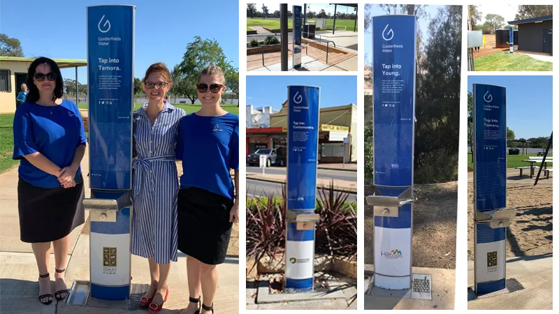 Three women standing near Civiq Aquafil FlexiFountain Drinking Water Stations installed by Goldenfields Water in Temora Council and list of Drinking Fountains in other locations