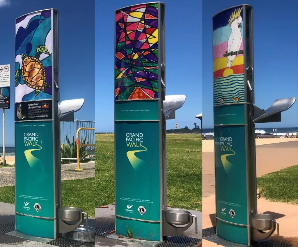 a new Aquafil FlexiFountain water refilling stations installed at a beach front in Wollongong City