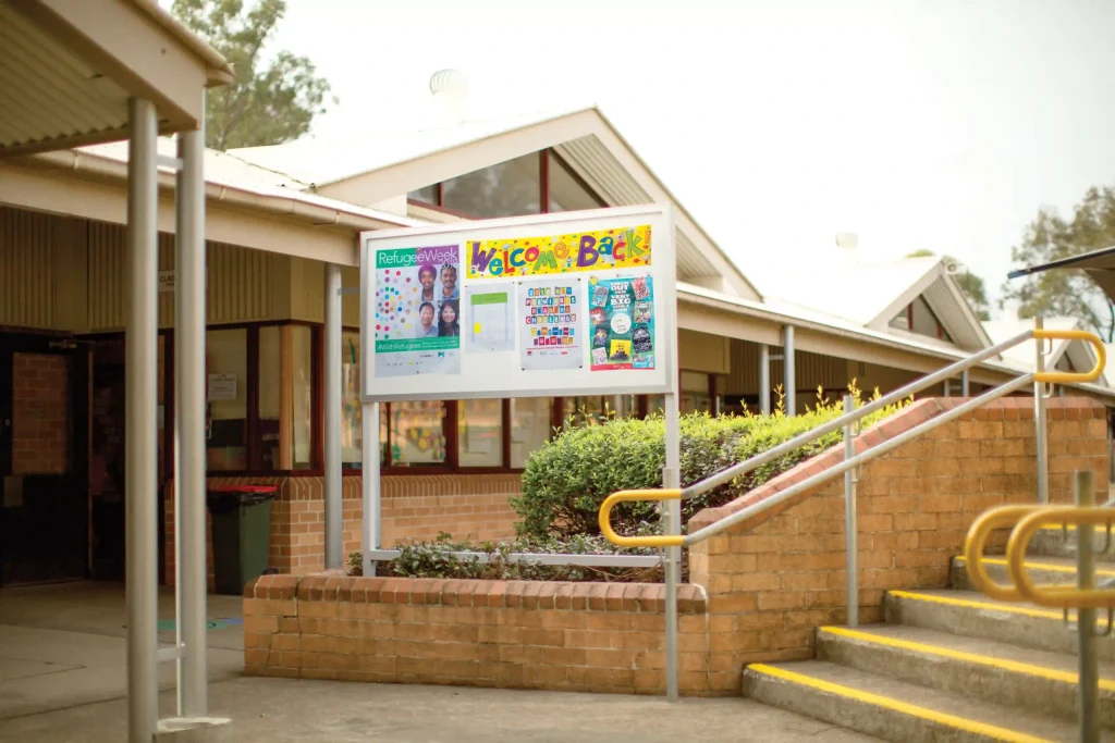 Civiq Notice Board installed in James Erskine Public School with a message welcoming students