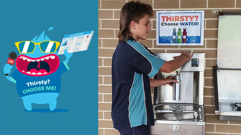 Thirsty choose water logo and a student filling up his bottle in one of Kariong Mountains High School drinking water stations