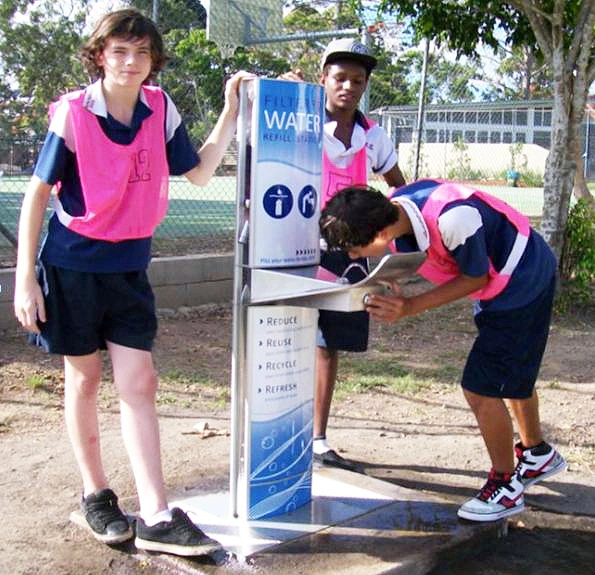 Kempsey High School students drinking from their new Aquafil Drinking Water Fountain.