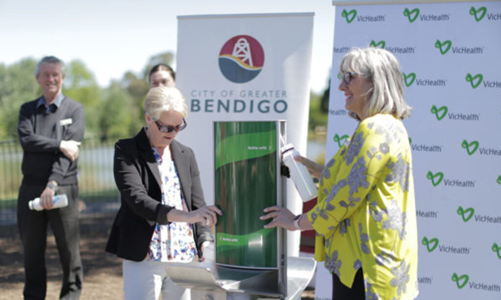 Greater Bendigo West Member Maree Edwards filling up her bottle on the Dual Height Drinking Fountain and Water Filling Station