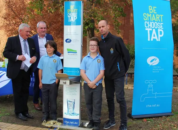 Moorabool Shire Council with two young school boys from St Brigid’s Primary School Taking Picture between CIVIQ Drinking Fountain