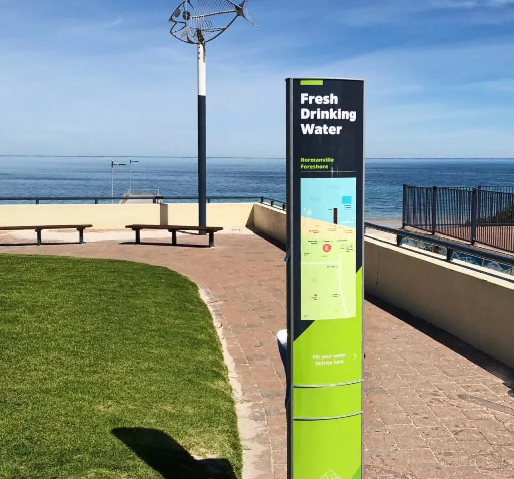 Drinking Water Fountain with artwork displaying text Fresh Drinking Water Installed on Normanville foreshore at District Council of Yankalilla