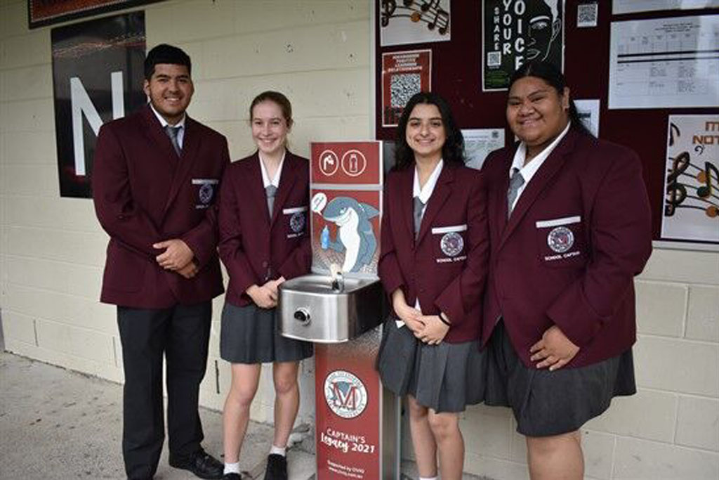 Students at Marsden State High School Lining up into a Aquafil Drinking Fountain and Water Bottle Refill Station as part of their project in promoting hydration and reducing waste