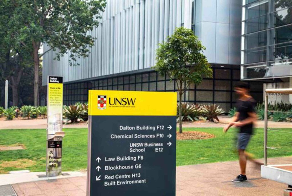 A drinking water fountain along with wayfinding signage in UNSW Sydney Dalton Building