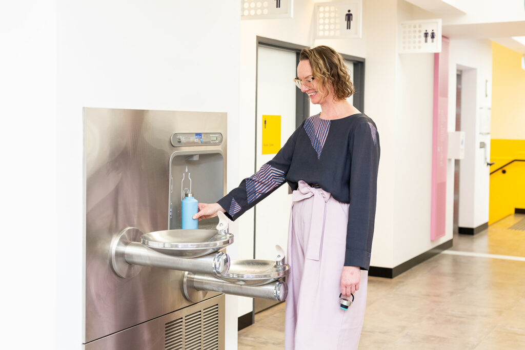 Elkay indoor drinking fountain and Water Bottle Refill Station installed in a public library