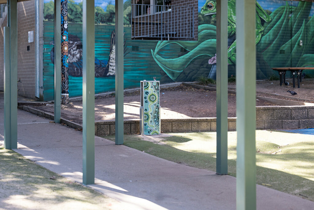 Aquafil Drinking Water Station with Green School Aboriginal Art template installed at Berala Public School