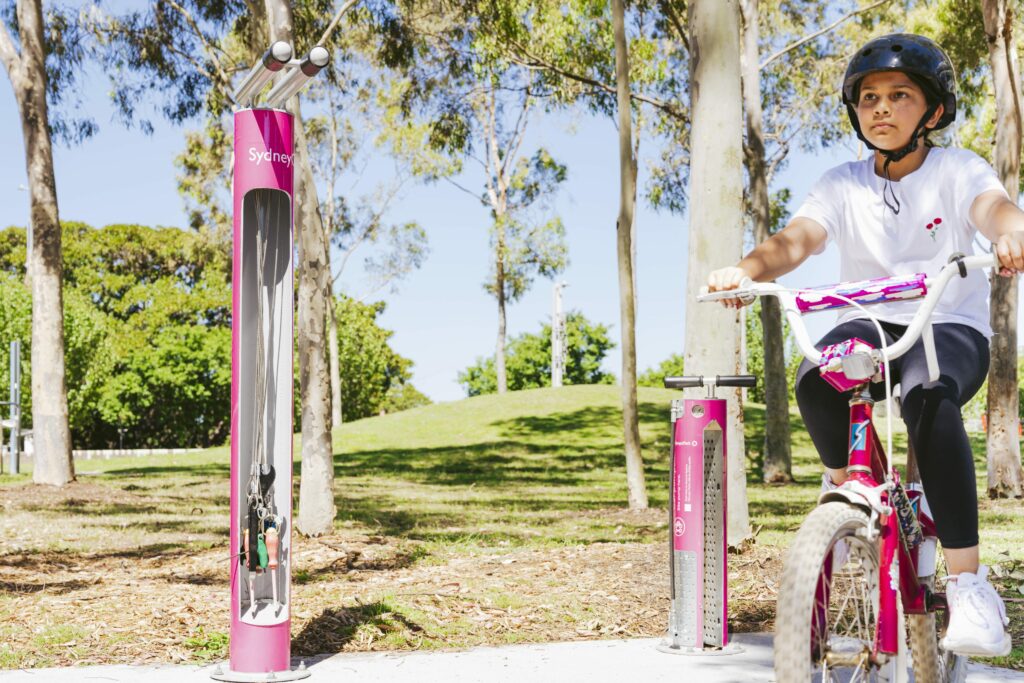 Cyla FixIt and Cycla Bike Air Pump 4 installed in a park