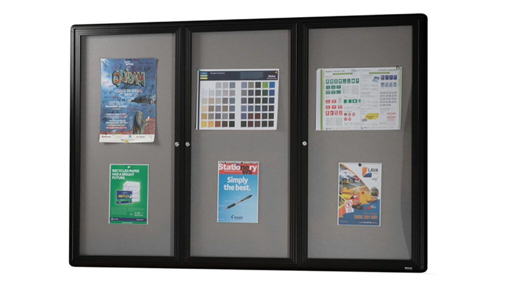 VisiGuard Lockable Three Door Notice Board with Six Activity Poster Display attached on it