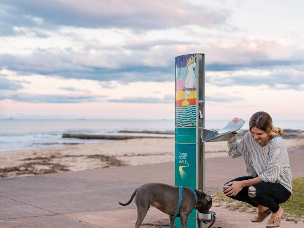 a woman watching her dog drinking on an Aquafil Drinking Water Station installed near a beach shore in Wollongong City