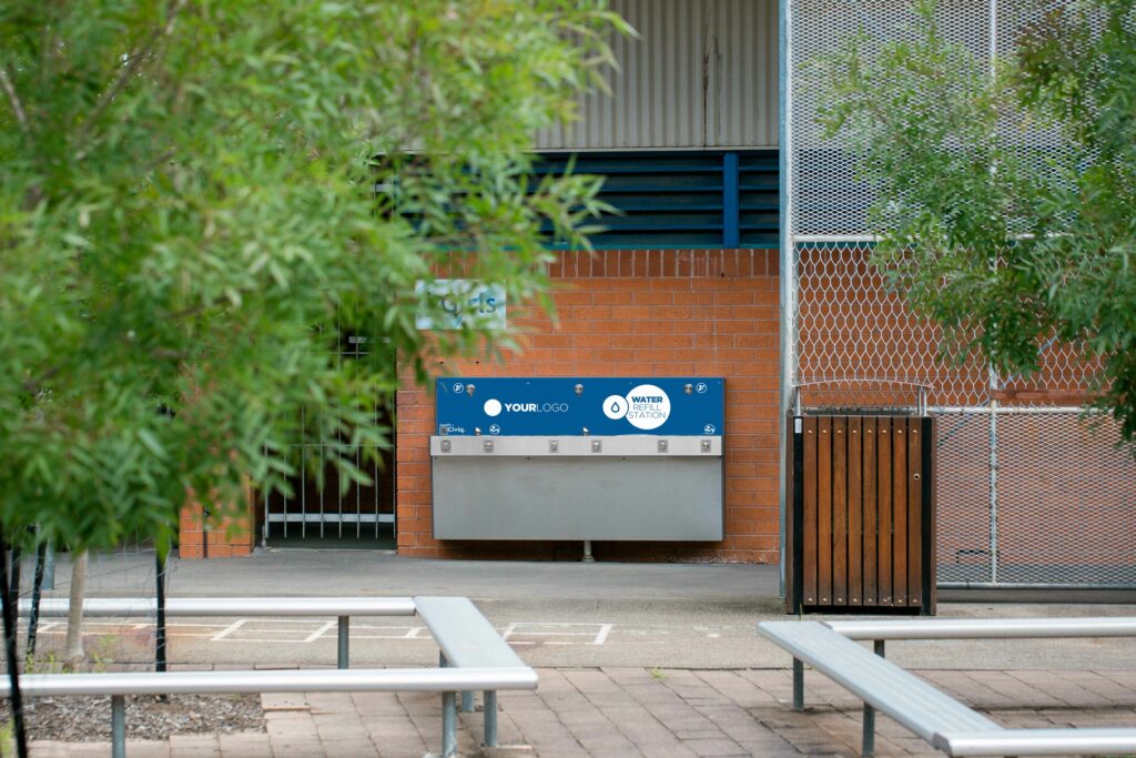 Aquafil Hydrobank Drinking Water Station for Schools in Blue Basix Artwork Template