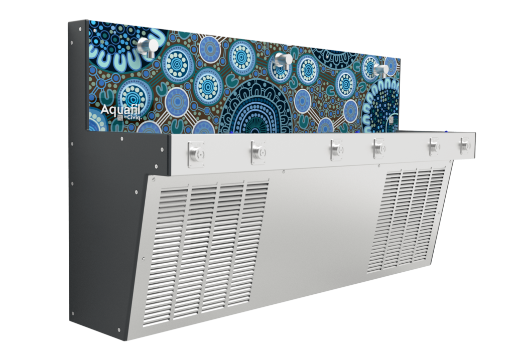 Hydrobank School Drinking Fountain Trough Charcoal HDPE Side Panel and Blue Authentic Aboriginal Art panel