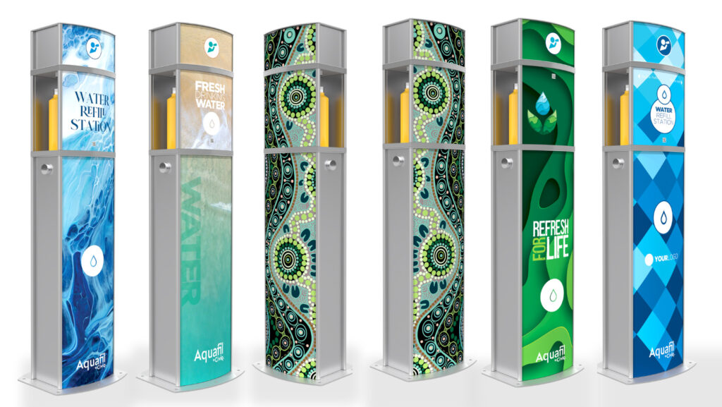 The Aquafil Pulse Drinking Water Stations in different artwork templates.