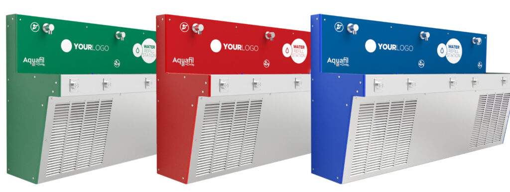 Aquafil Hydrobank, a school drinking water stations in a custom green, red and blue basix templates.