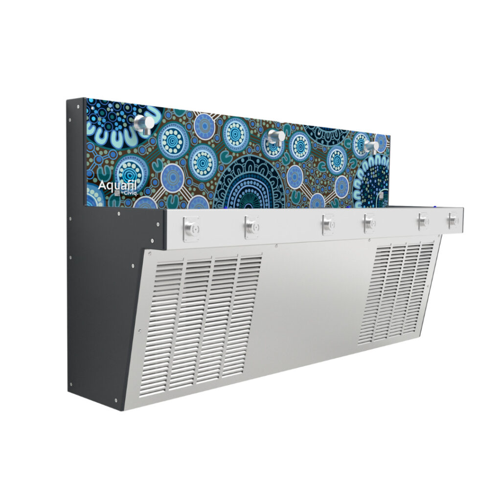 Aquafil Hydrobank School Drinking Water Stations in Saltwater and the Coastline Blue Aboriginal Artwork Template and Dark Grey Colour Side Panel
