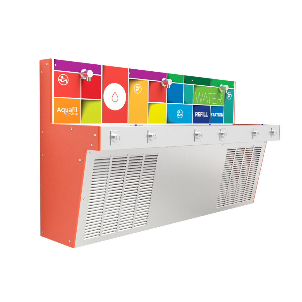 Aquafil Hydrobank School Drinking Water Stations in Colours Artwork Template and Tangerine Colour Side Panel