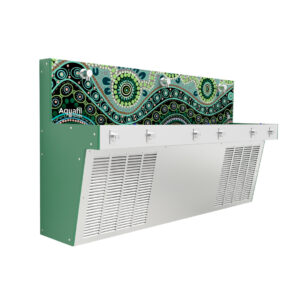 Aquafil Hydrobank School Drinking Water Stations in Hills and Valleys Green Aboriginal Artwork Template and Green Colour Side Panel