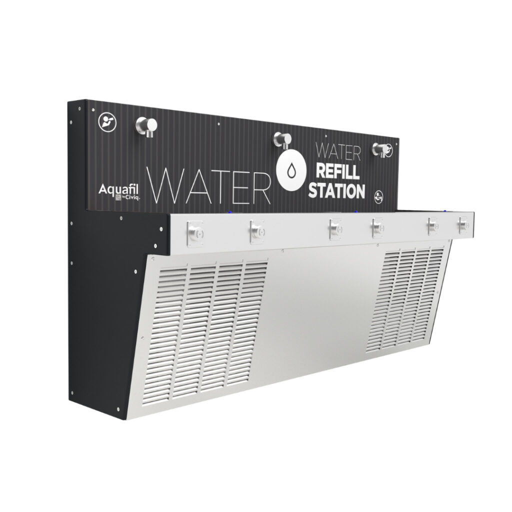 Aquafil Hydrobank School Drinking Water Stations in Pinstripe Artwork Template and Dark Grey Colour Side Panel