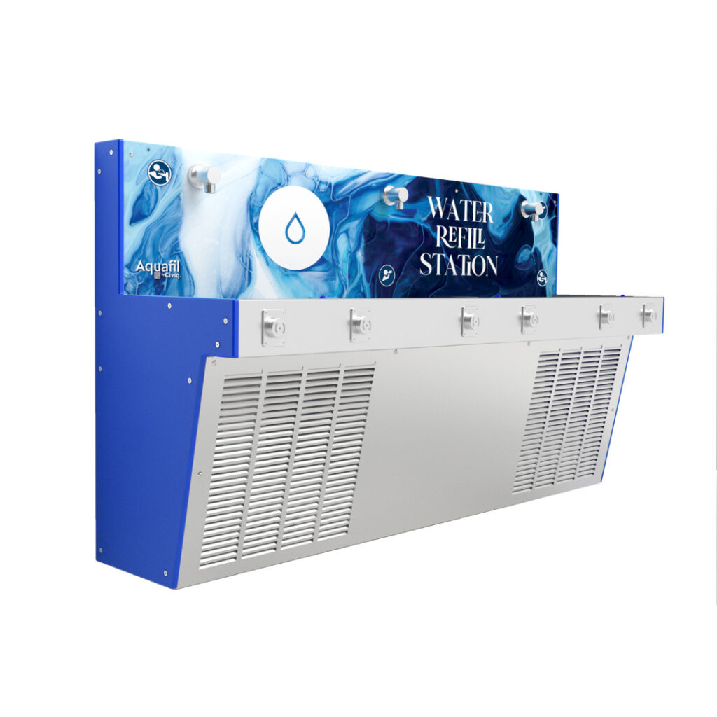 Aquafil Hydrobank School Drinking Water Stations in Waves Artwork Template and Blue Colour Side Panel