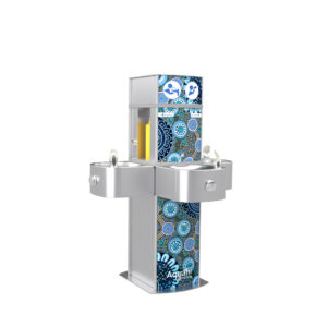 Aquafil Pulse Junior 1200BFFF Triple Drinking Fountain and Bottle Refill Station in a Blue Aboriginal Artwork Template