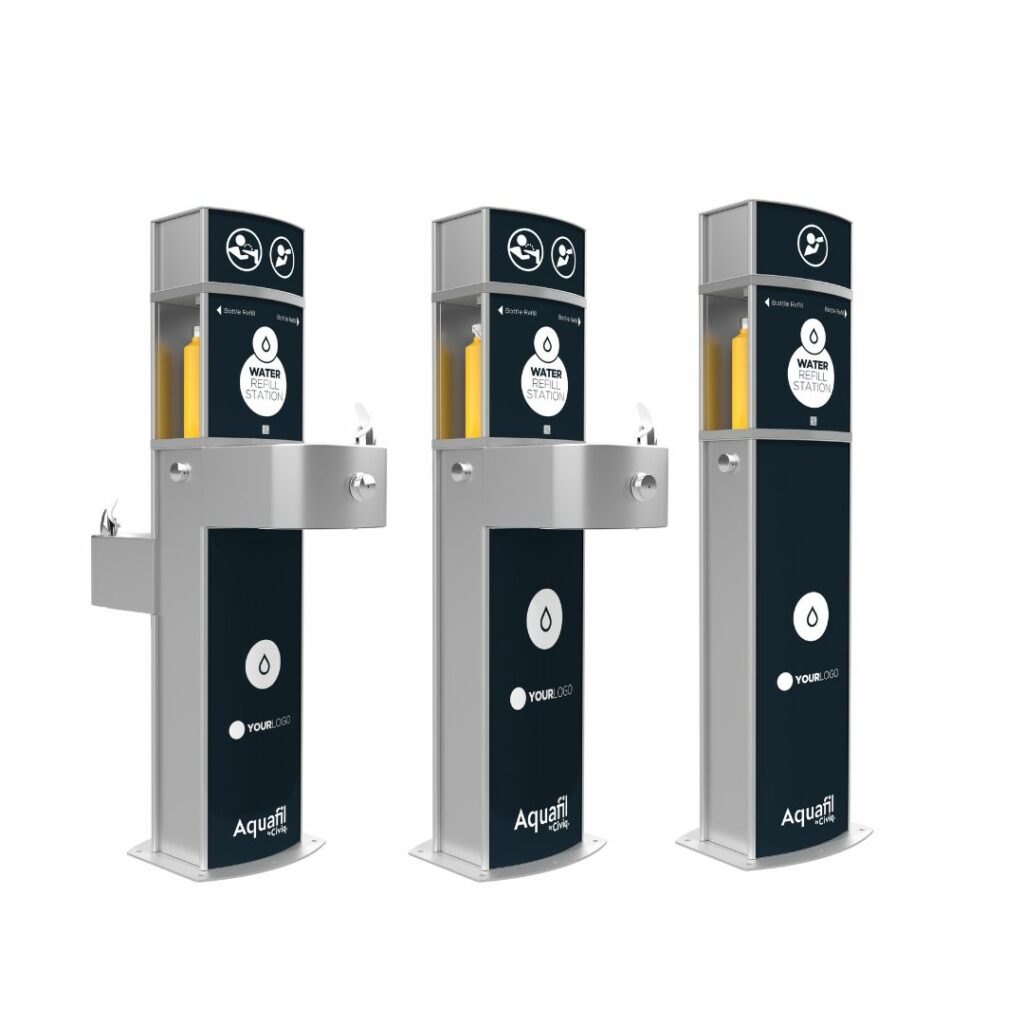 Displayed in sequence from left to right are the Aquafil Pulse series, featuring innovative Drinking Fountains and Water Bottle Refilling Stations. The first in line is the Aquafil Pulse 1400BF, followed by the Aquafil Pulse 1400BF in the middle, and the Aquafil Pulse 1400B on the right.