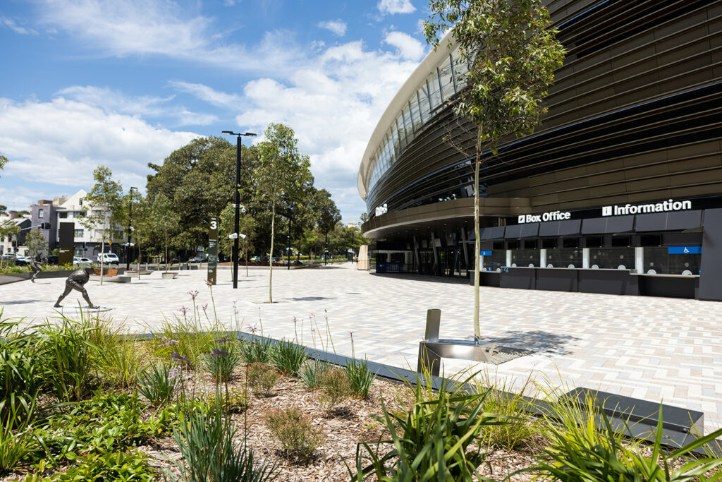 The Allianz Stadium entrance reveals a striking architectural design crafted by Cox Architecture. A prominent feature at the entrance is the sophisticated Aquafil Bold Drinking Fountain, meticulously specified by the architects.