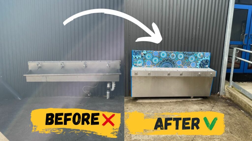 Old drinking fountain at a Victoria school being replaced by the modern Aquafil Hydrobank featuring vibrant blue Aboriginal artwork, symbolizing innovation and improved student hydration.