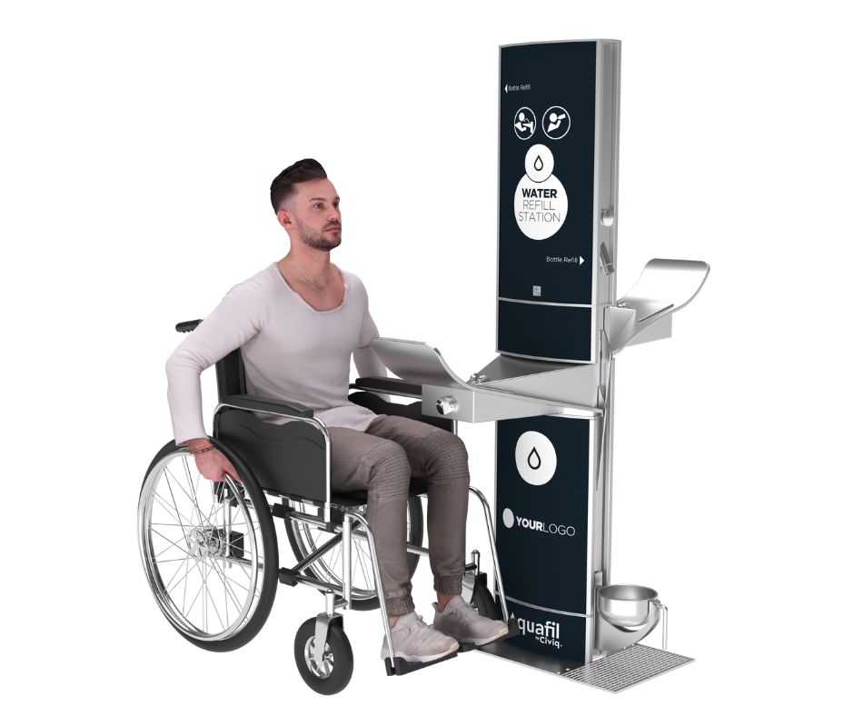 A render image of a man in a wheelchair using Aquafil, a dda compliant drinking fountain, ensuring inclusive and convenient hydration.