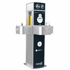 Aquafil Pulse Senior 1400BFFF Triple Drinking Fountains and Water Bottle Refilling Stations for Schools in a dark basix artwork