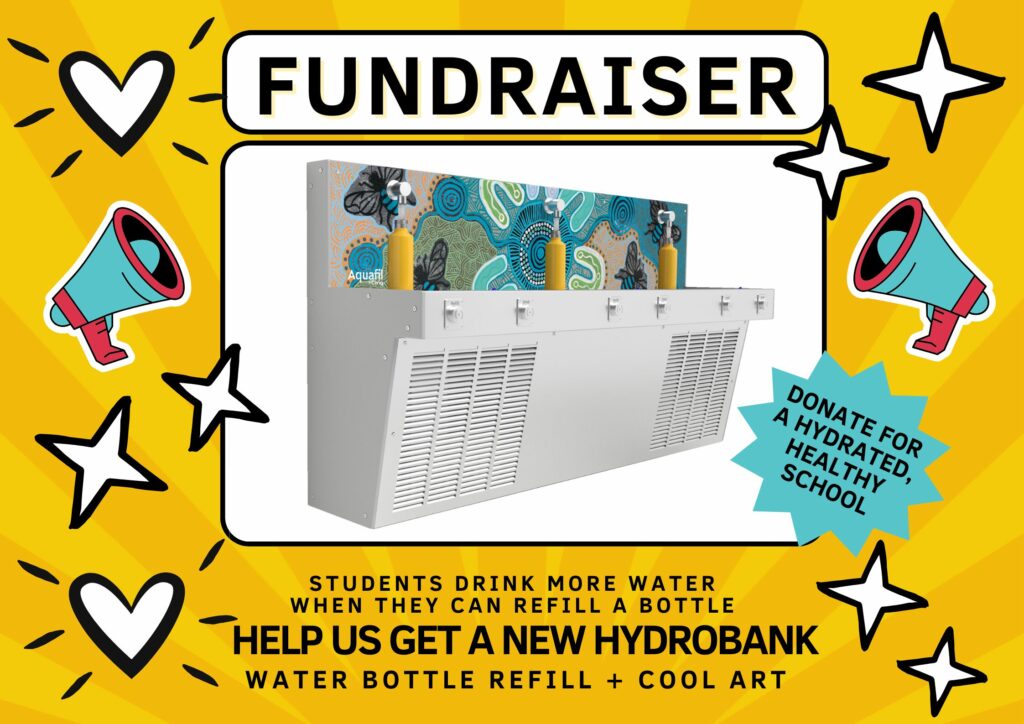 An Aquafil Hydrobank with Butterfly Aboriginal Artwork Template. Support your students by fundraising to acquire a new drinking fountain in your school.