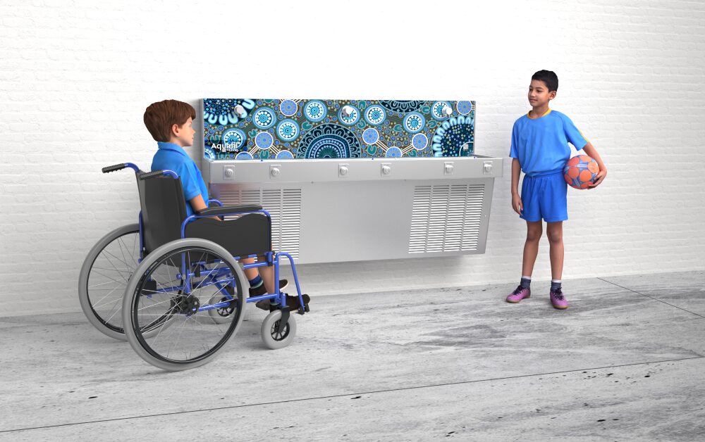 An illustrative depiction of the Aquafil Hydrobank School drinking trough, designed with a vibrant Aboriginal artwork template. This image highlights its DDA compliance, tailored for VIC School Grant Fountain initiatives.